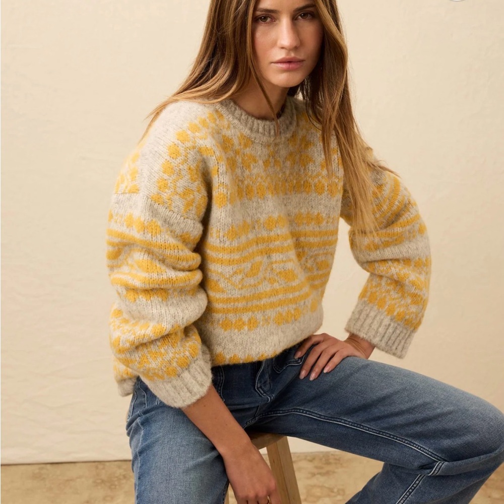 Faherty Alpaca Boyfriend Sweater - Fair Isle Nordic Wool Sweater Yellow & Gray